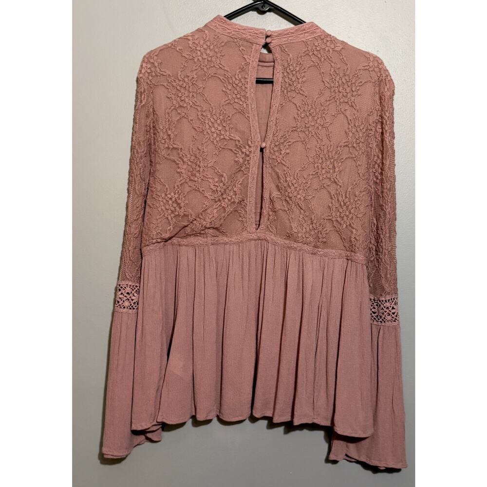 American Eagle XL Dusty Rose Lace Bell Sleeve Blouse Boho Peasant Crochet Top - Picture 5 of 10